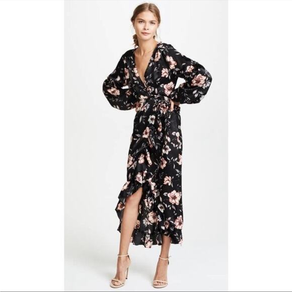 MISA Los Angeles Luna Black Floral Satin Balloon Sleeve Wrap Dress size S small - Picture 1 of 10